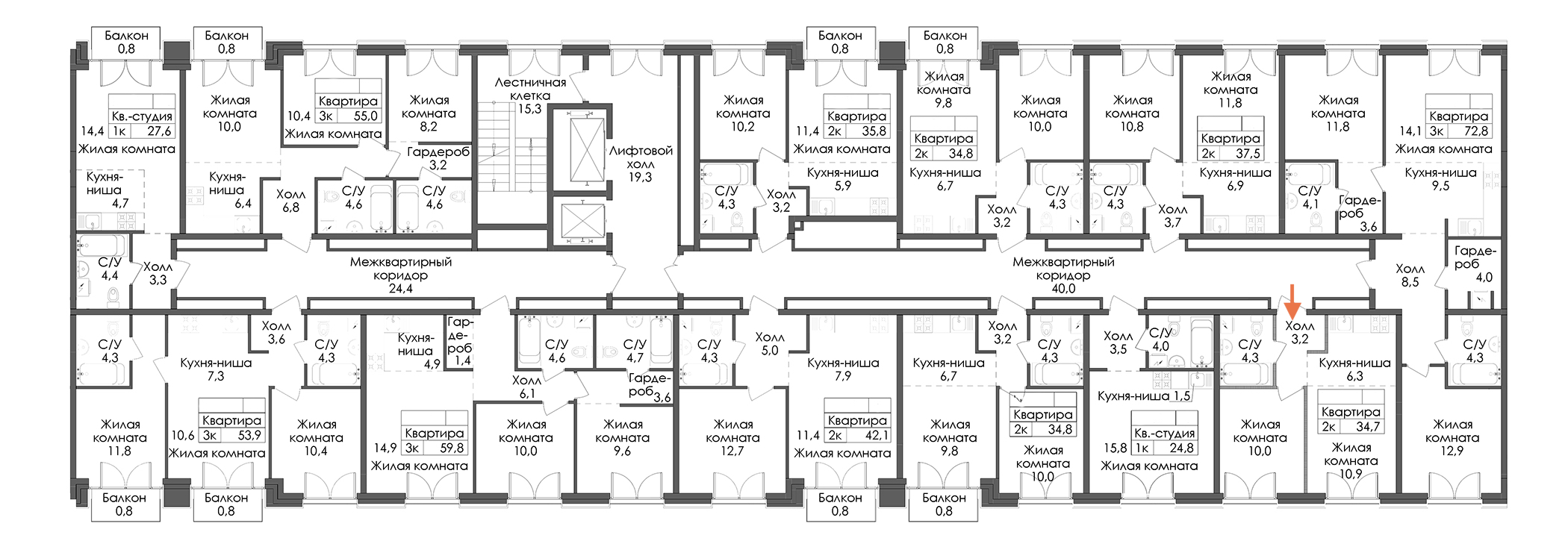 1-комнатная квартира 34.7 м², 2/9 эт., ЖК «Лермонтовский 54»